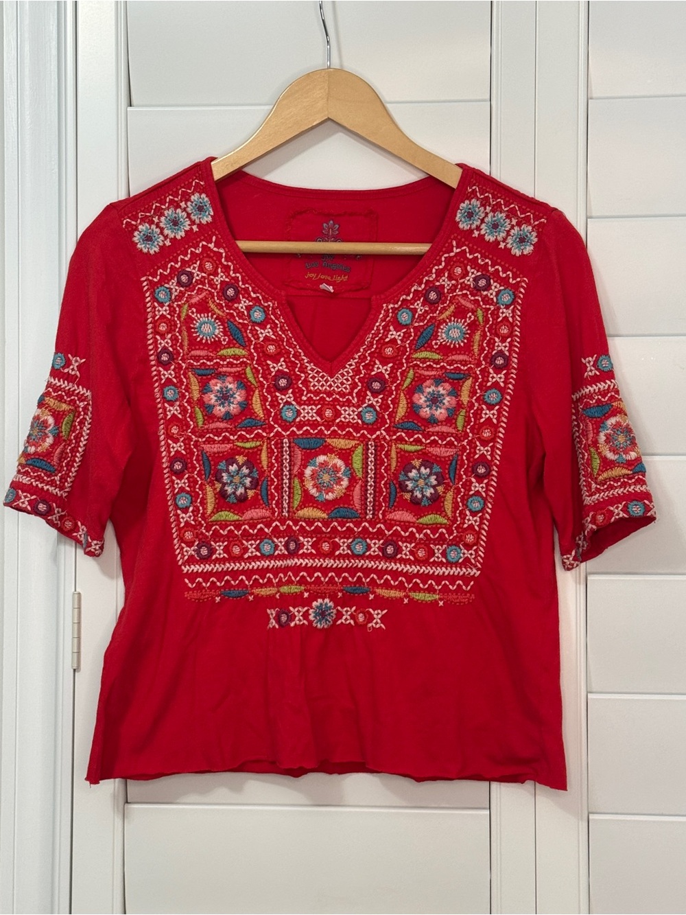 Johnny Was red embroidered tee